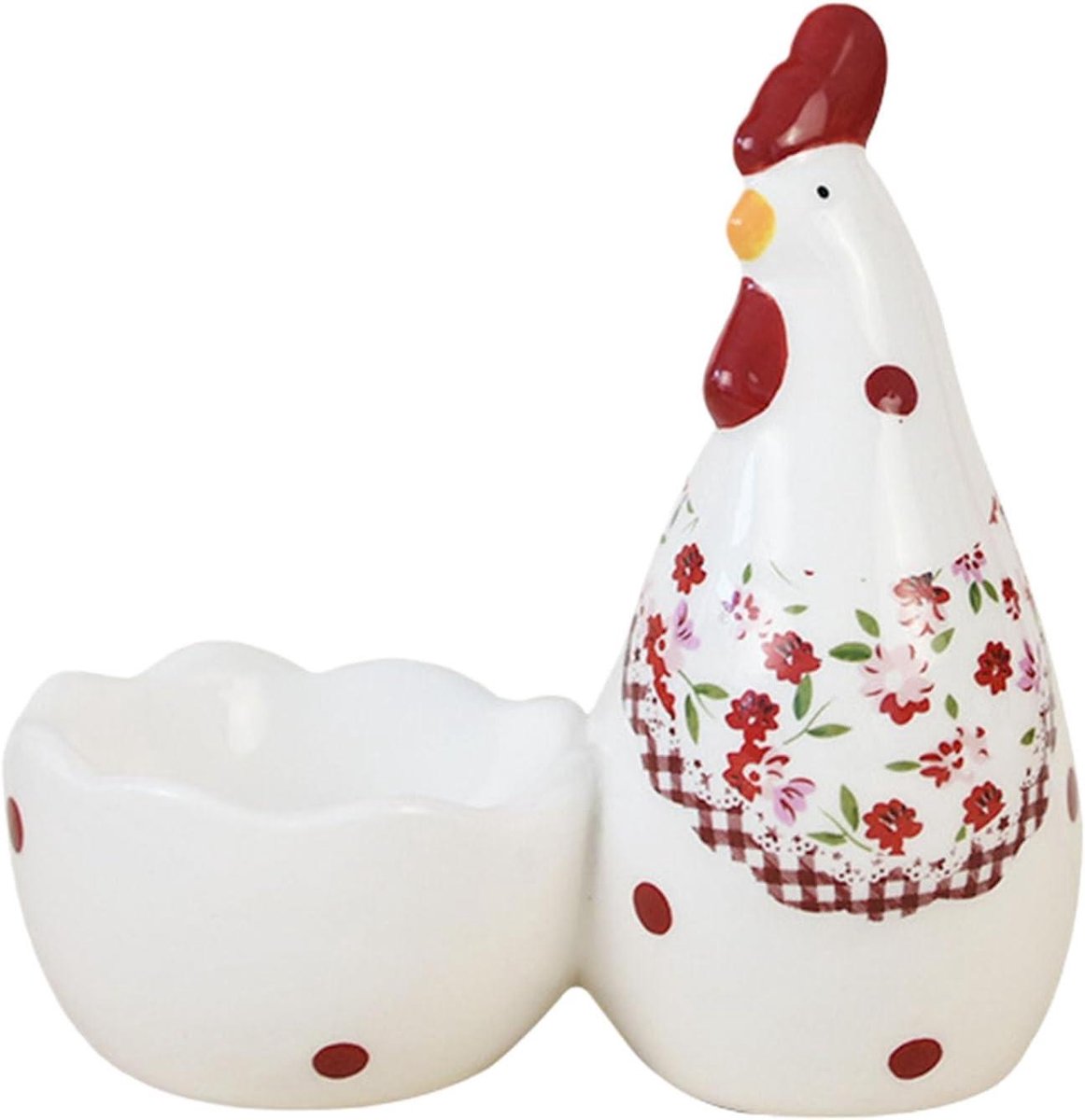 Keramische Eierbeker - Eierhouder Kip - Ontbijt Serveren - Bloemenpatroon Ontwerp - 9.3 x 6.2 x 10 cm - Wit