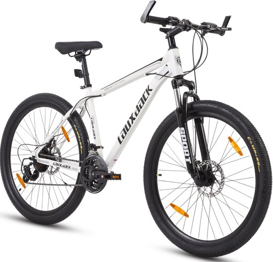 Witte mountainbike met "LAUXJACK" opschrift, zwarte voorvork met "SPORT" tekst en schijfremmen. Fiets voor dames en heren.
