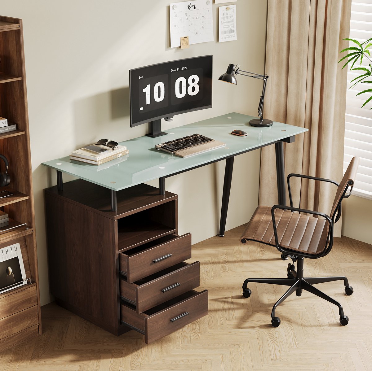 MODENUIT Bureau - Glazen Blad Met 3 Lades En Open Vak - Voor Kantoor En Werkruimte - Bruin - 130 x 50 x 75 Cm