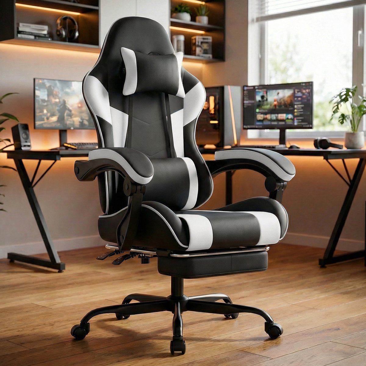 MODFU Gamingstoel-Ergonomisch-Lendensteun-Hoofdsteun-Verstelbare Rugleuning-Zwart Wit