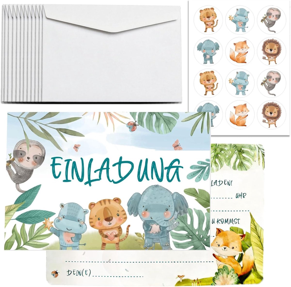 uitnodigingskaarten 12 sets - 15 x 10 cm - jungle dierenmotief - snel invullen voor feesten - SnelShoppen