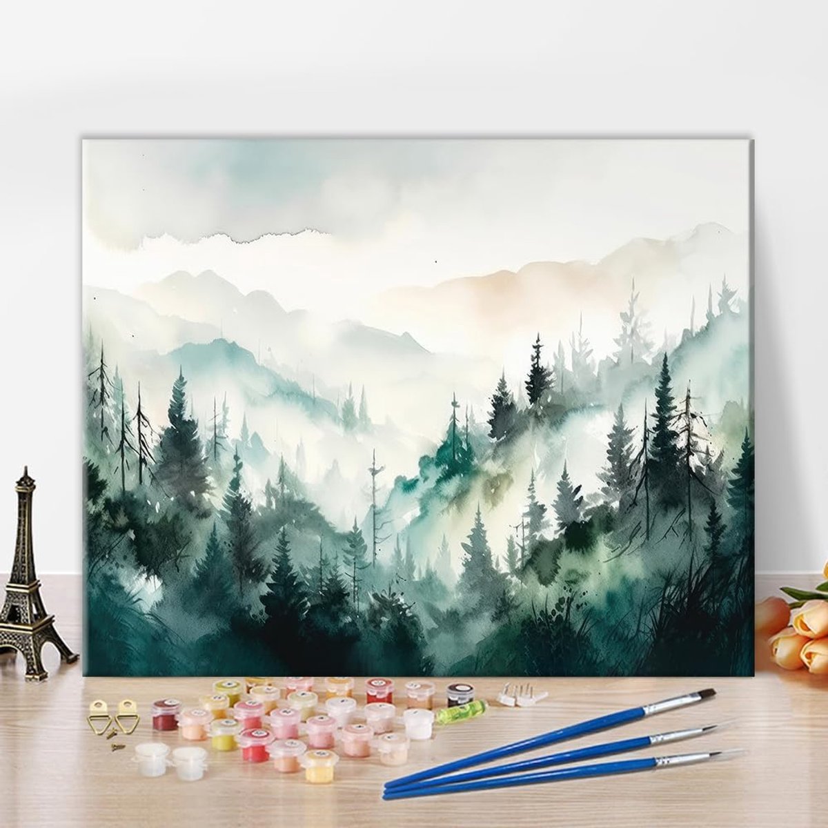Schilderen op nummer - Bos met mist 40 x 50 cm - DIY schilderkit - Creatief cadeau voor volwassenen en kinderen - SnelShoppen