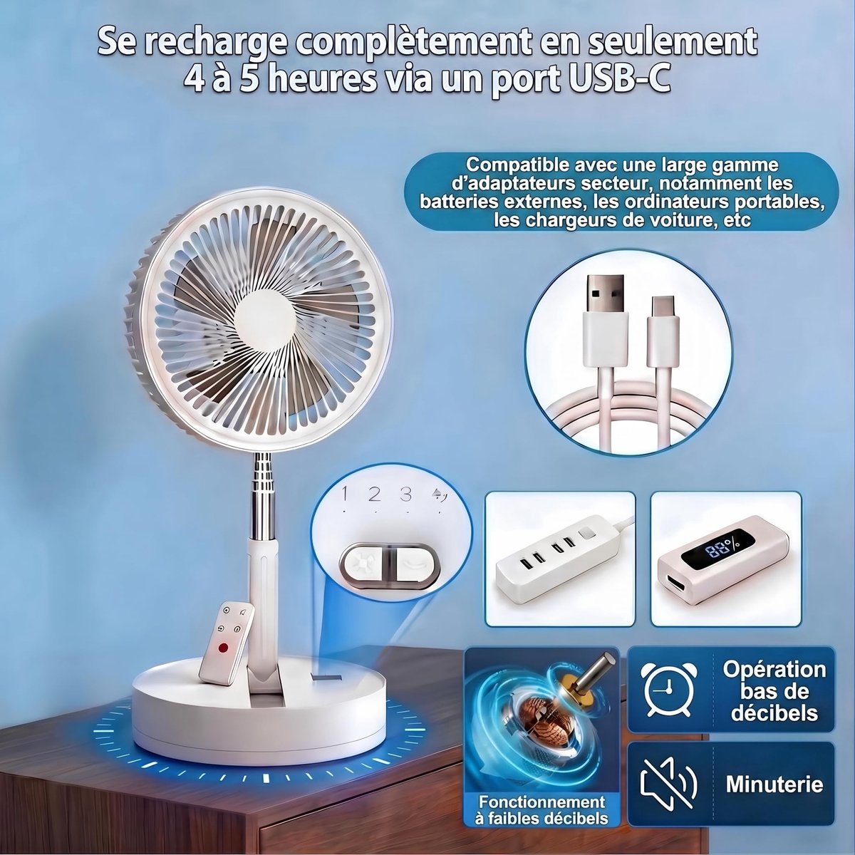 Draagbare ventilator 8,6 inch - stil en opvouwbaar - met afstandsbediening en timer - ideaal voor slaapkamer of kantoor - ShopVlot