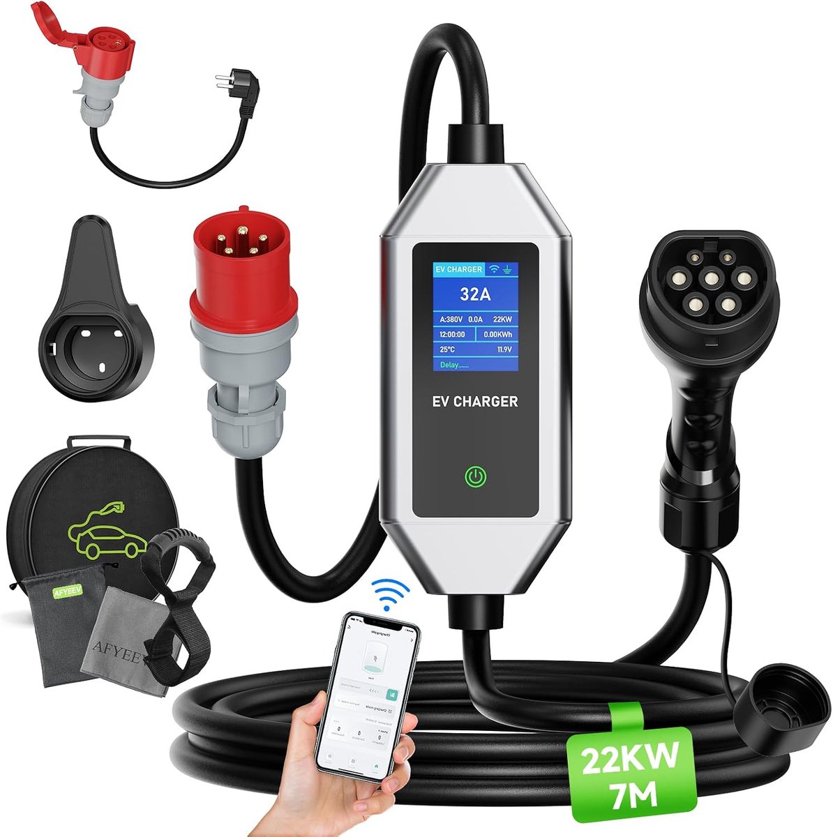 EV Lader 22kW - Type 2 - Instelbare Stroom 6-32A - Slimme App Controle - Snel en Veilig Laden - SnelShoppen