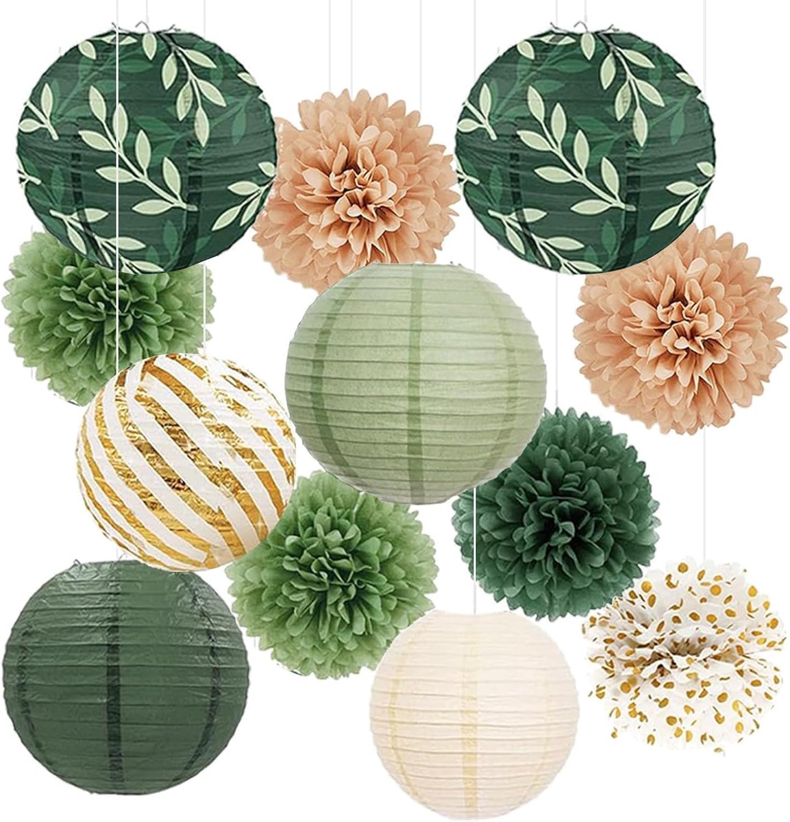 SnelShoppen - 12 Stuks Papieren Lantaarns Decoratie Rond Ribbelpapier Lampenkappen voor Bruid, Trouwerij, Verjaardagsfeest en Tuinfeest - Groen
