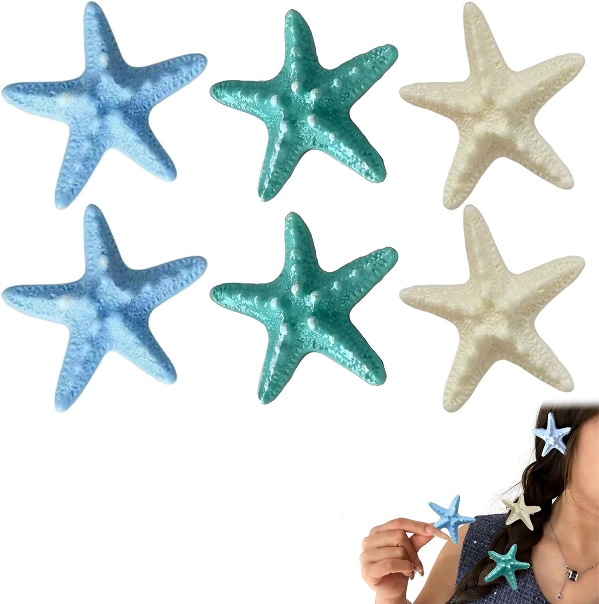 Haarspangen set van 3 - zeesterren in wit, blauw en groen - 5,5 cm haarsieraden - perfect voor de zomer - SnelShoppen