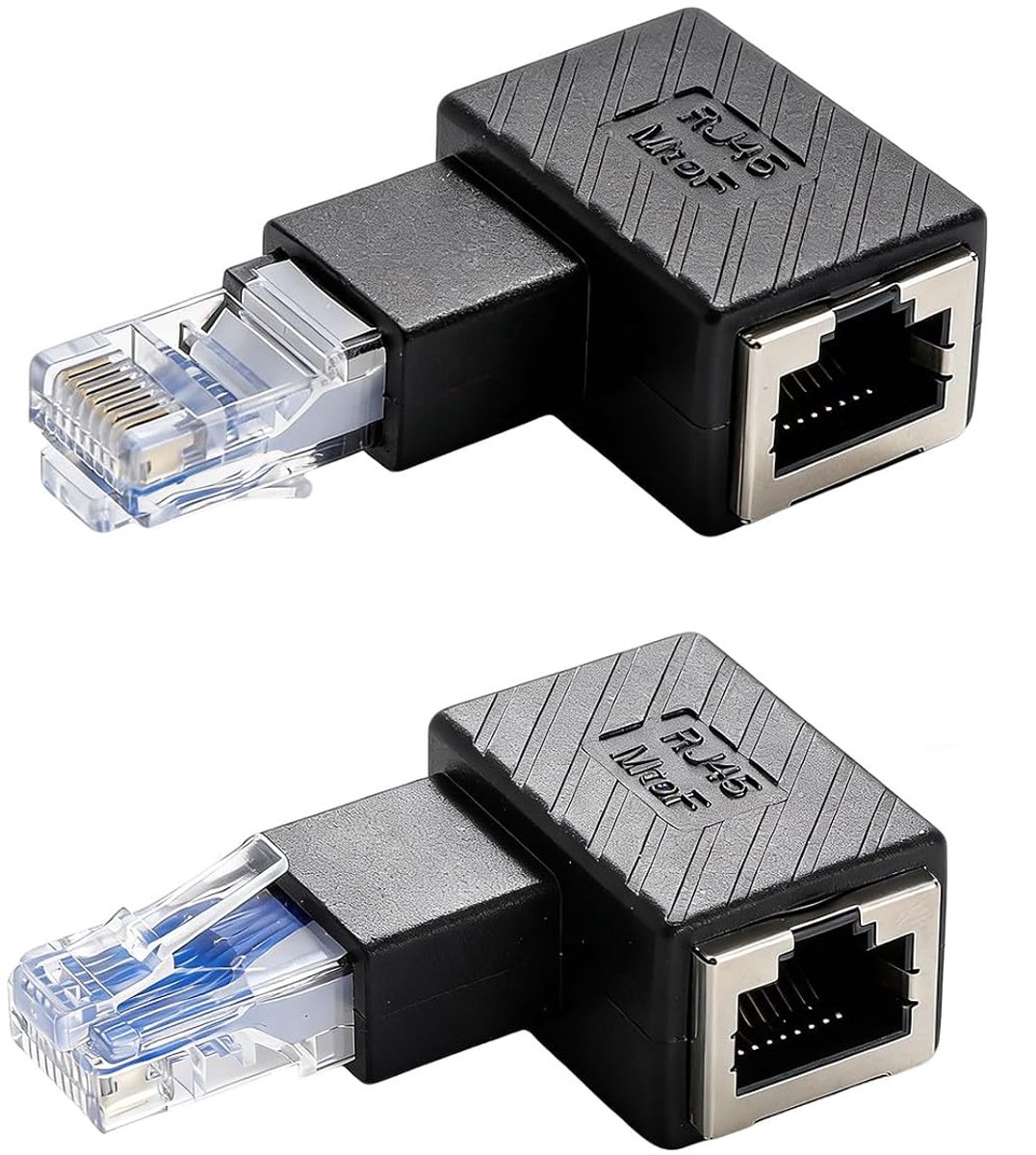 SnelShoppen - Set van 2 RJ45 Male naar Female 90 Graden Hoek Adapters - Links en Rechts Gebogen, Ruimtebesparend voor Wandmontage, Router en Beperkte