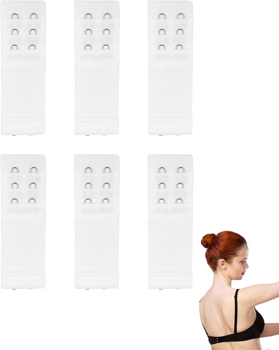 BH-verlenging, 6 stuks, 3 rijen, 2 haken, zacht, comfortabel en elastisch, geschikt voor vrouwen, wit - ShopVlot