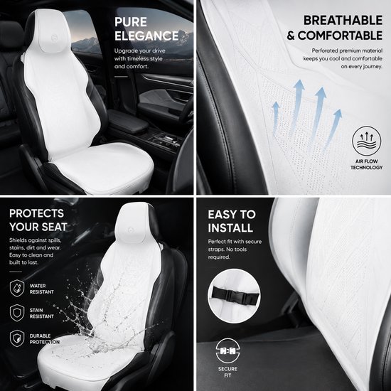 AIM Autostoelbeschermer - Luxe PU Imitatieleer Zit- en Rugkussen - Set van 2 - Kia Picanto 1 - Airbag Compatibel - M14 - Wit — afbeelding 3