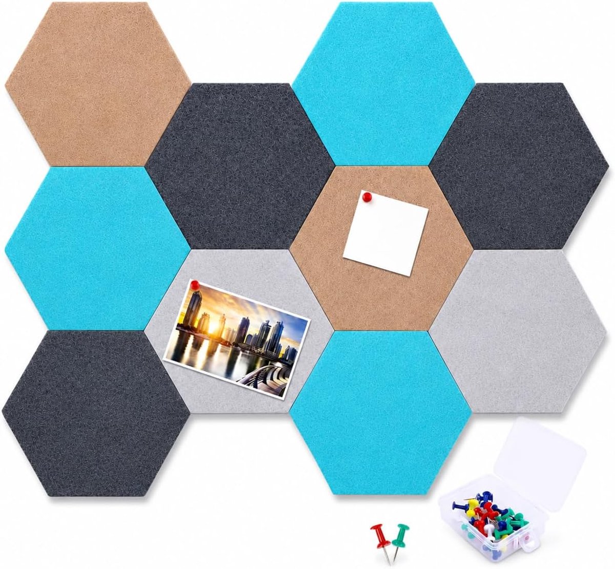 Hexagonale prikbord set 10 stuks - Vilt en kurk - DIY regenboogkleuren - Ideaal voor thuis en kantoor - ShopVlot