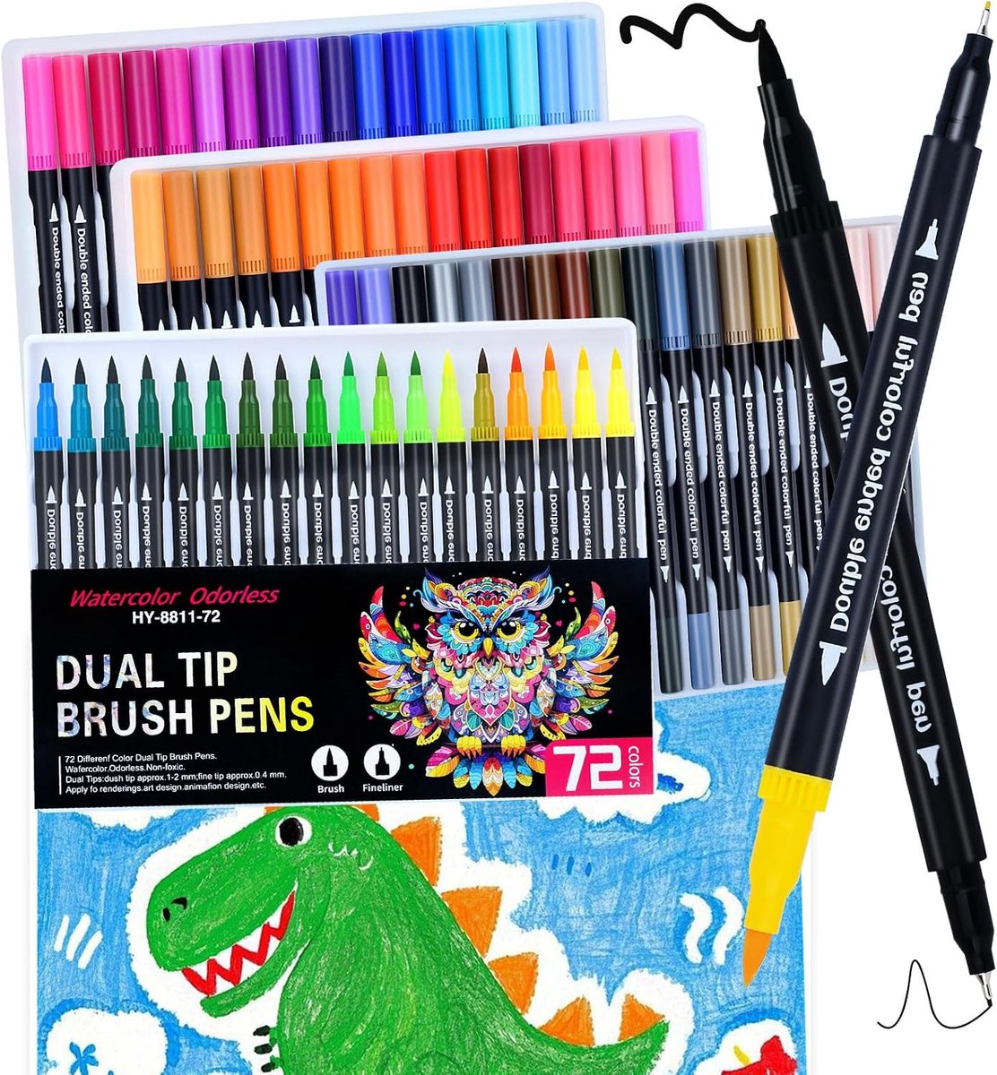 SnelShoppen - Set van 72 Viltstiften en Penseelstiften, 2 mm en 0,4 mm, Aquarelpenseelstiften en Fineliners voor Kinderen, Creatief Tekenen en Kleurpl