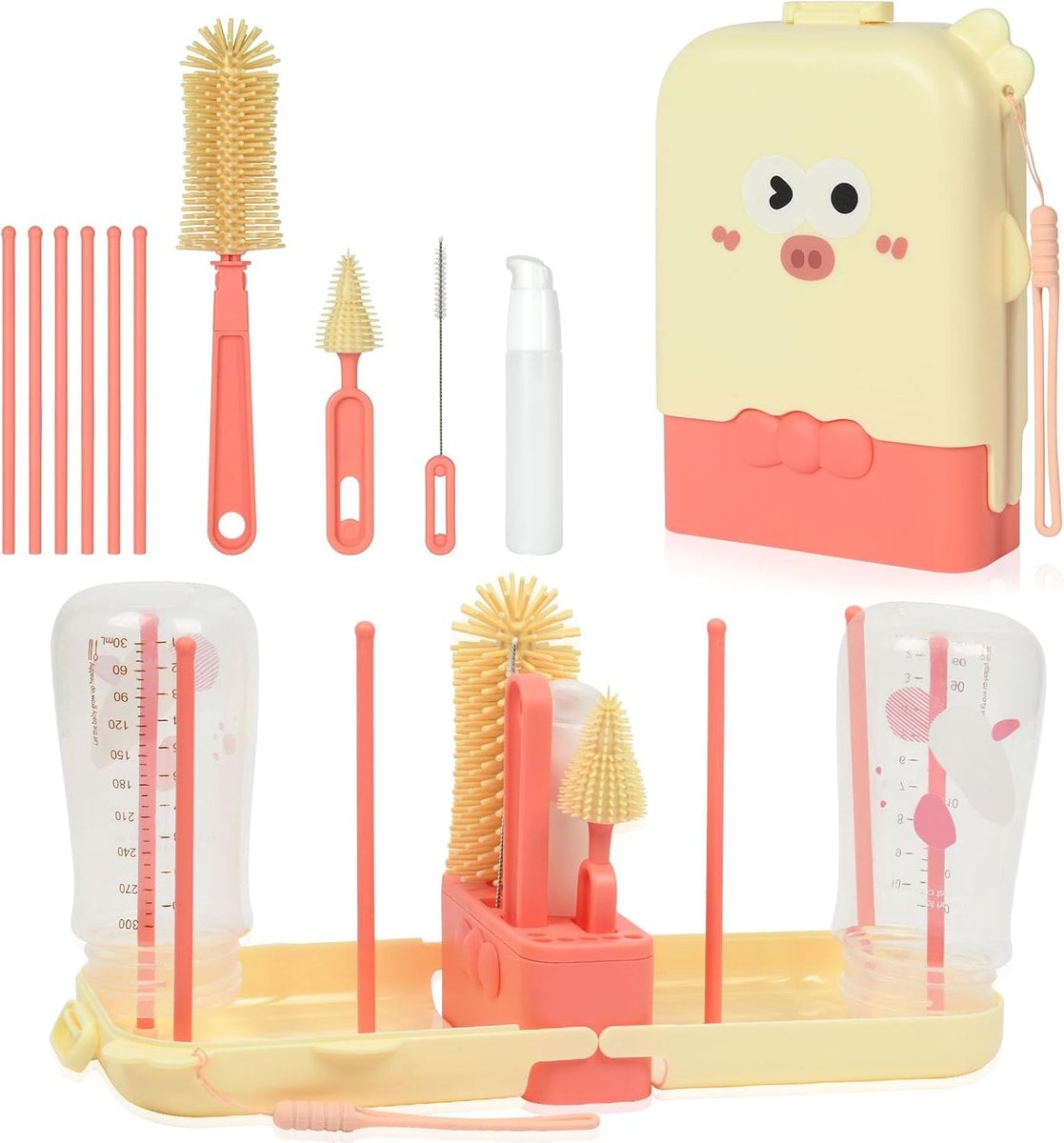 Flessenborstel set - met droogrek - roze - complete reinigingsoplossing voor babyflessen - SnelShoppen