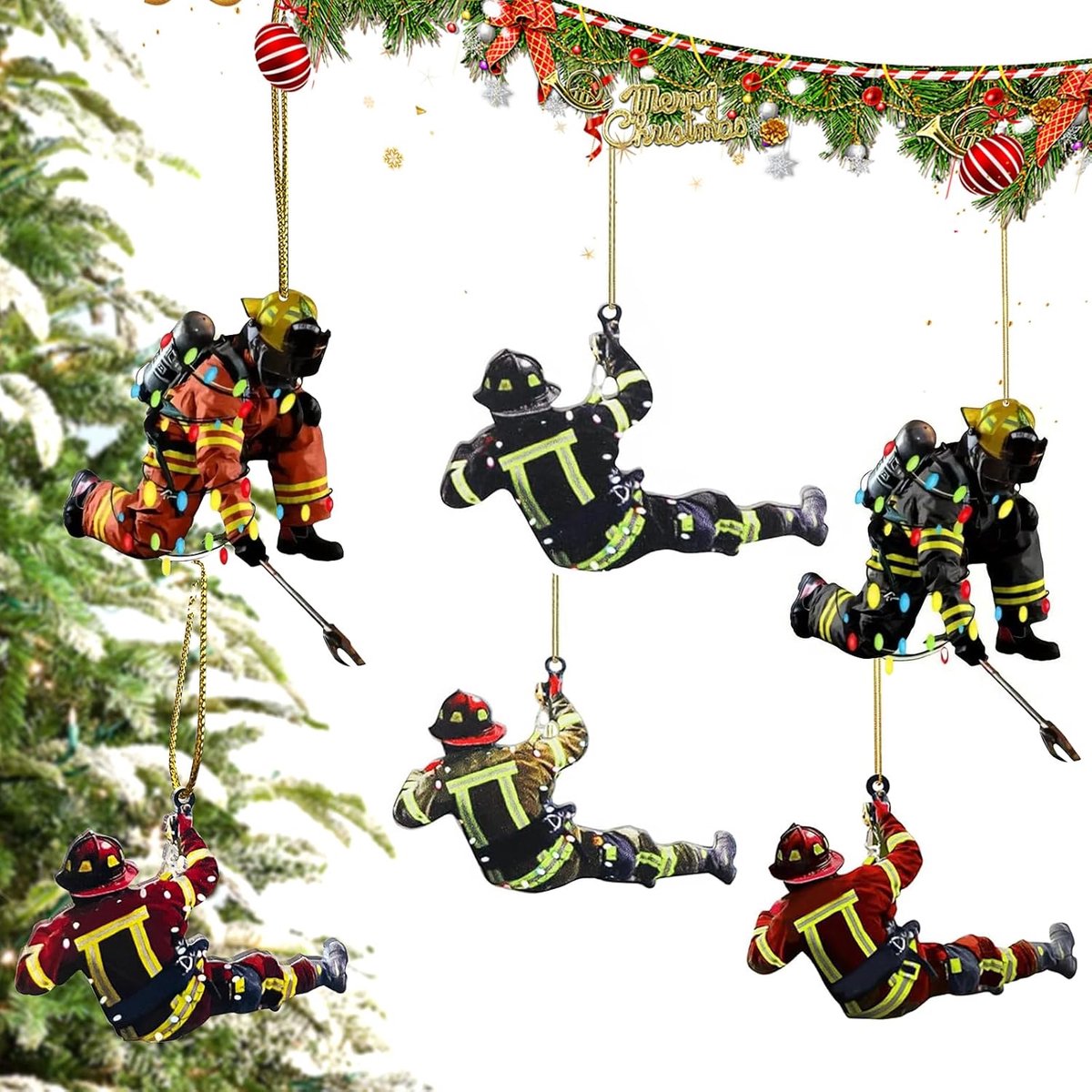 Kerstboomversieringen brandweerman - 6 stuks acryl ornamenten - dubbelzijdig ontwerp - voor een feestelijke sfeer - ShopVlot