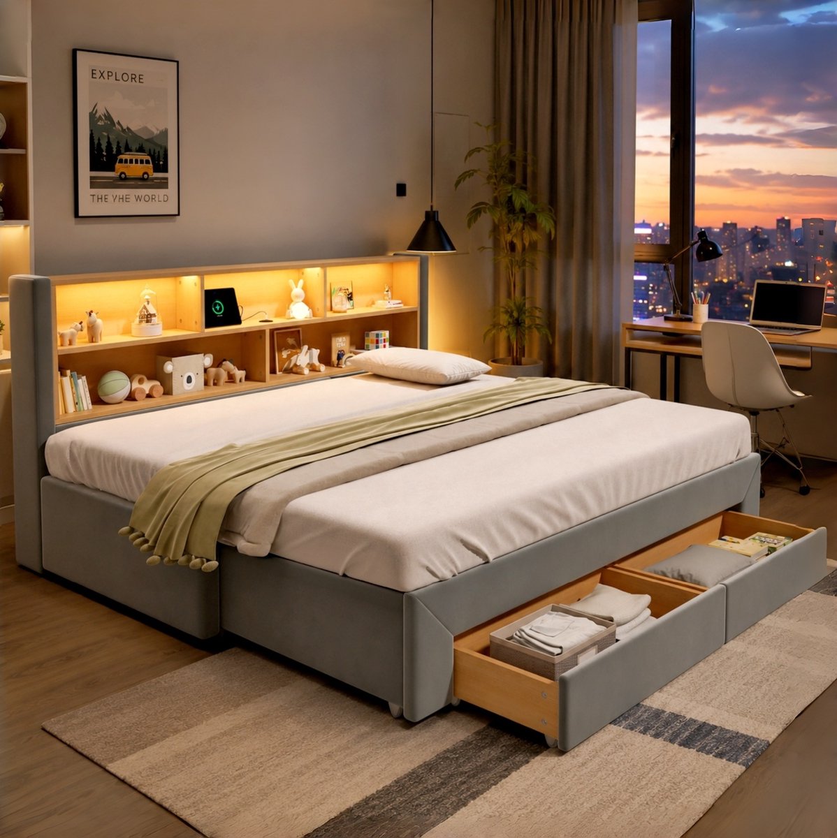 MIVRAY Bedbank 90x200 Cm Zonder Matras Uit Te Trekken Tot 180 Cm Met 2 Opberglades Usb Aansluiting Led Verlichting Fluweel Grijs