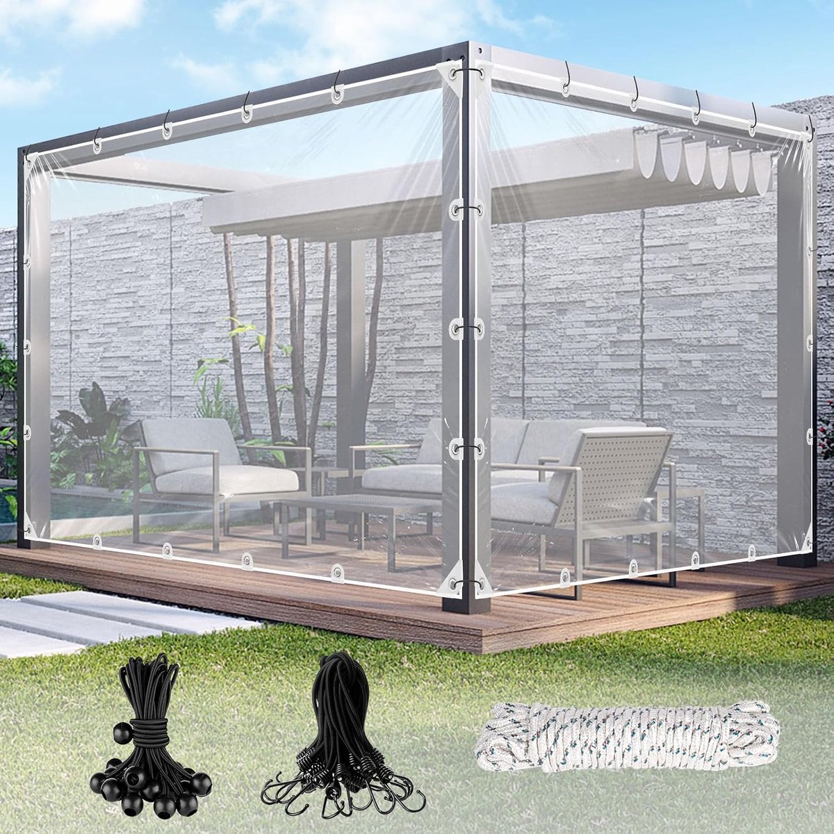 Transparant, met ingestanste ringen, voor buiten, 420 g/m², pvc, incl. 20 kabelbinders, 10 m bevestigingskoord, 12 bungee-banden met ballen, 8 elastische haken (2 m x 2 m, haken)