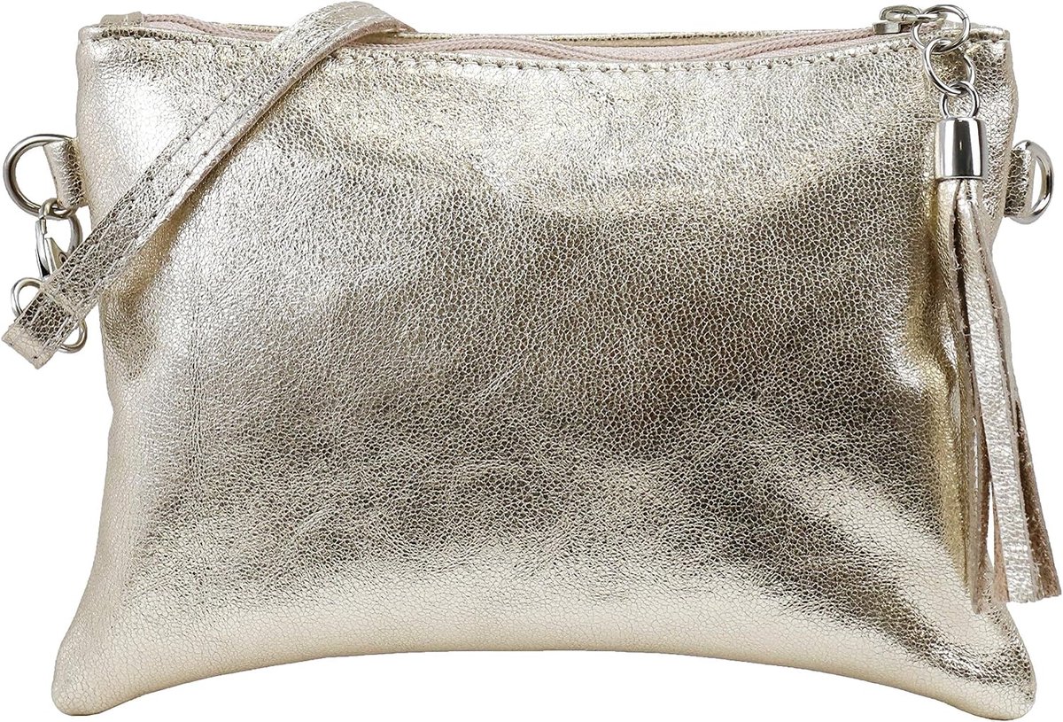 Leder Anny G248 Schoudertas van echt leer, clutch, kleine handtas, avondtas, 22 x 15 cm, goud, Small