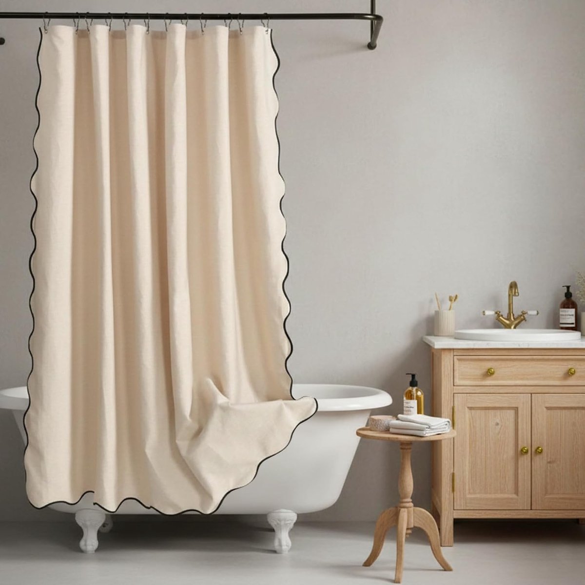 Douchegordijn met geschulpt, waterafstotend, dik stofdesign, badkuip, incl. 15 roestvrije metalen haken, 183 × 183 cm, badkamerdecoratie, neutrale beige