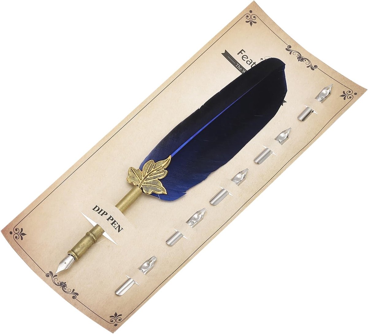 Verenpen, 24 cm Vintage Kwikpen Veren Pen met 5 Stuks Vervangende Punten voor Kalligrafie, Bruiloft, Handtekening, Gastenboek, Blauw