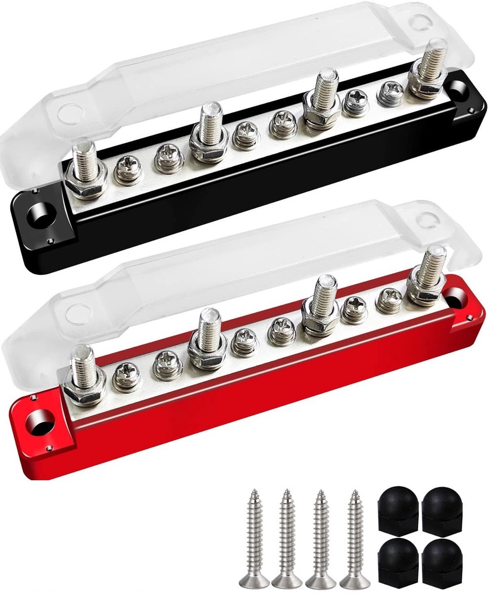 12 V - 48 V, stroomverdeler 12 V, stroomverdelingsblok met 4 x M6 bouten en 6 x M4 schroeven, busbar met afdekking en ringkabelschoenen voor auto, boot, camper