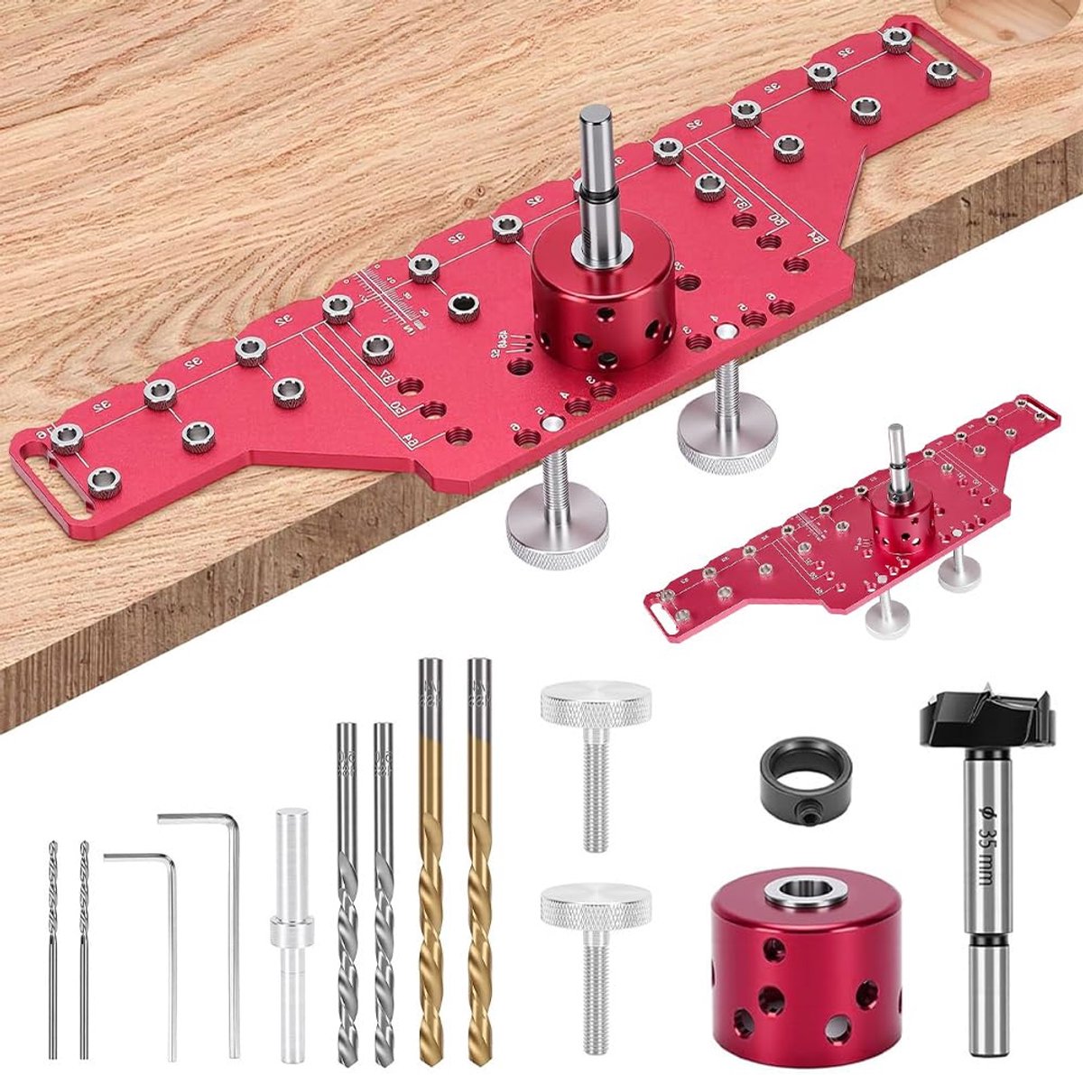 Boorsjabloon, 2-in-1 plankstiftinrichting en 35 mm scharnierapparaat, sjabloon boorgeleiding met 5 mm 6,25 mm boormal voor houtbewerking, doe-het-zelf houtbewerkingsgereedschap (lang)