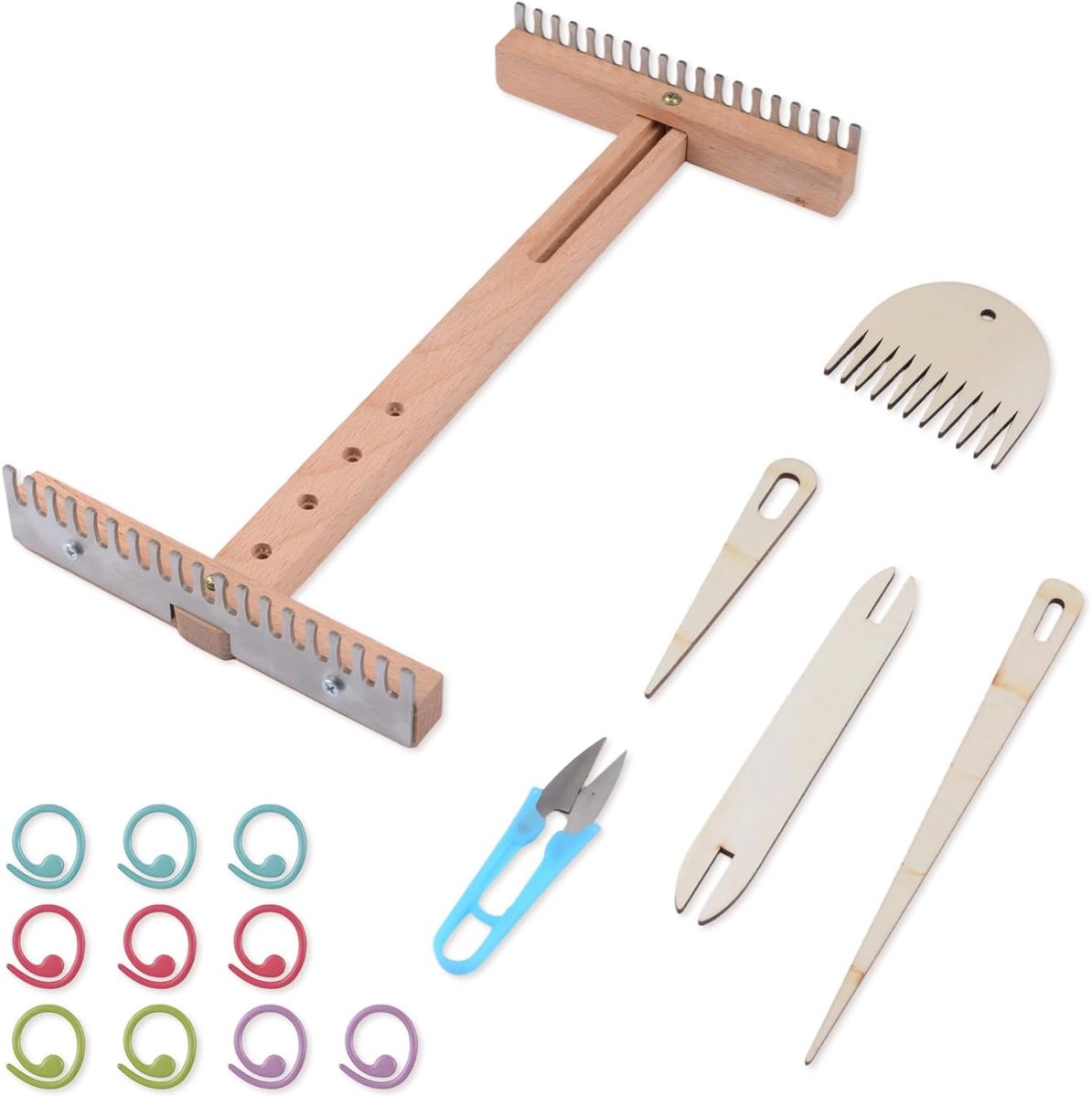 1 set houten weefgetouw kit, Tapestry Frame Loom met U-vormige schaar & 10 kleurrijke steekmarkeringen, weven kit voor beginners DIY muur opknoping sjaal