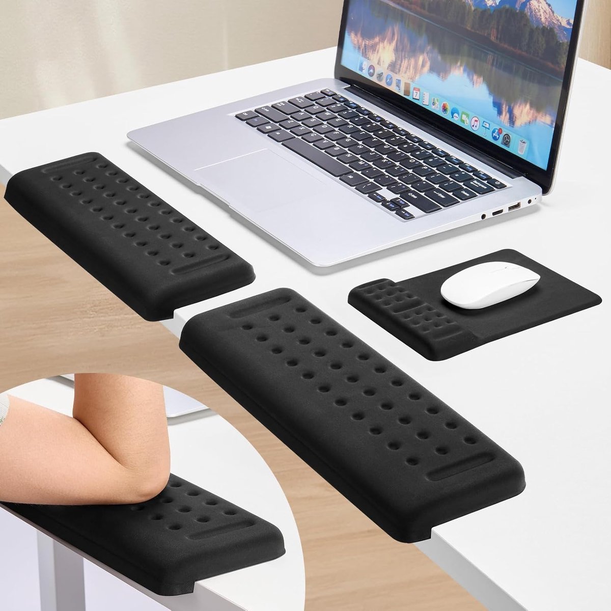 Toetsenbord en Muis Polssteun Pad, [Ergonomisch L-Vormig Past Perfect aan Bureaurand] [Ultra-Comfort Geheugenschuim] Anti-Slip Ontwerp, Handrust Ondersteuning voor Kantoor Typen, Computer Gamen