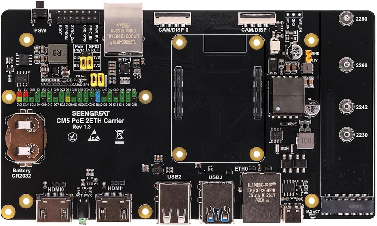 CM5 PoE 2ETH Carrier Board, Dual Gigabit Ethernet PoE-uitbreiding met M.2 NVMe, Dual HDMI, USB3.0/2.0, MIPI - ShopVlot