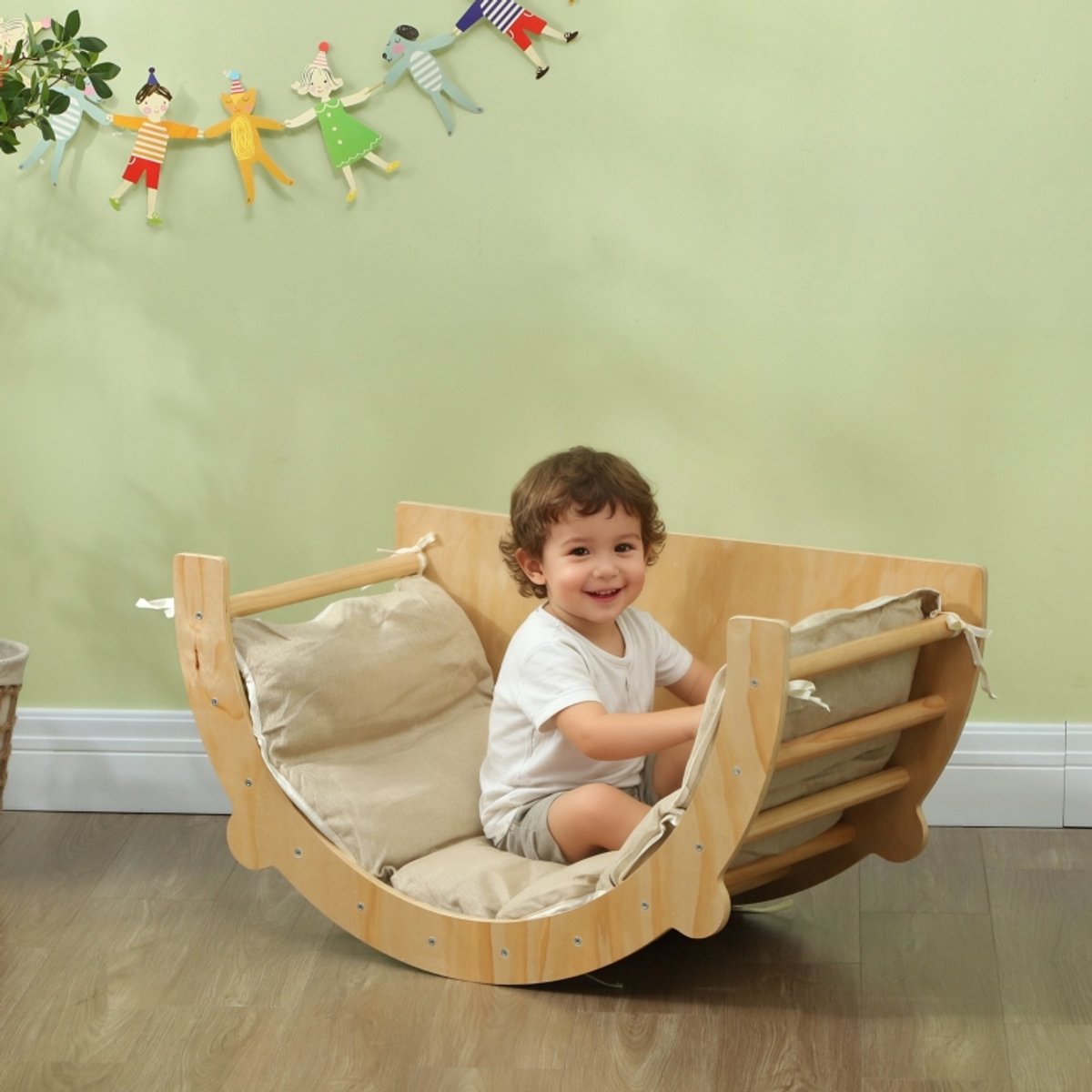 REDOM - Kletterboog met kussen - Omvormbaar - Wip en schommel - Montessori-geïnspireerd - Hout - Natuurlijk hout - 90 x 52 x 50 cm