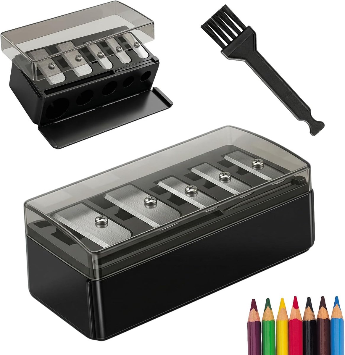Cosmetische puntenslijper met 5 gaten - zwart - met borstel en deksel - ideaal voor make-up potloden - SnelShoppen