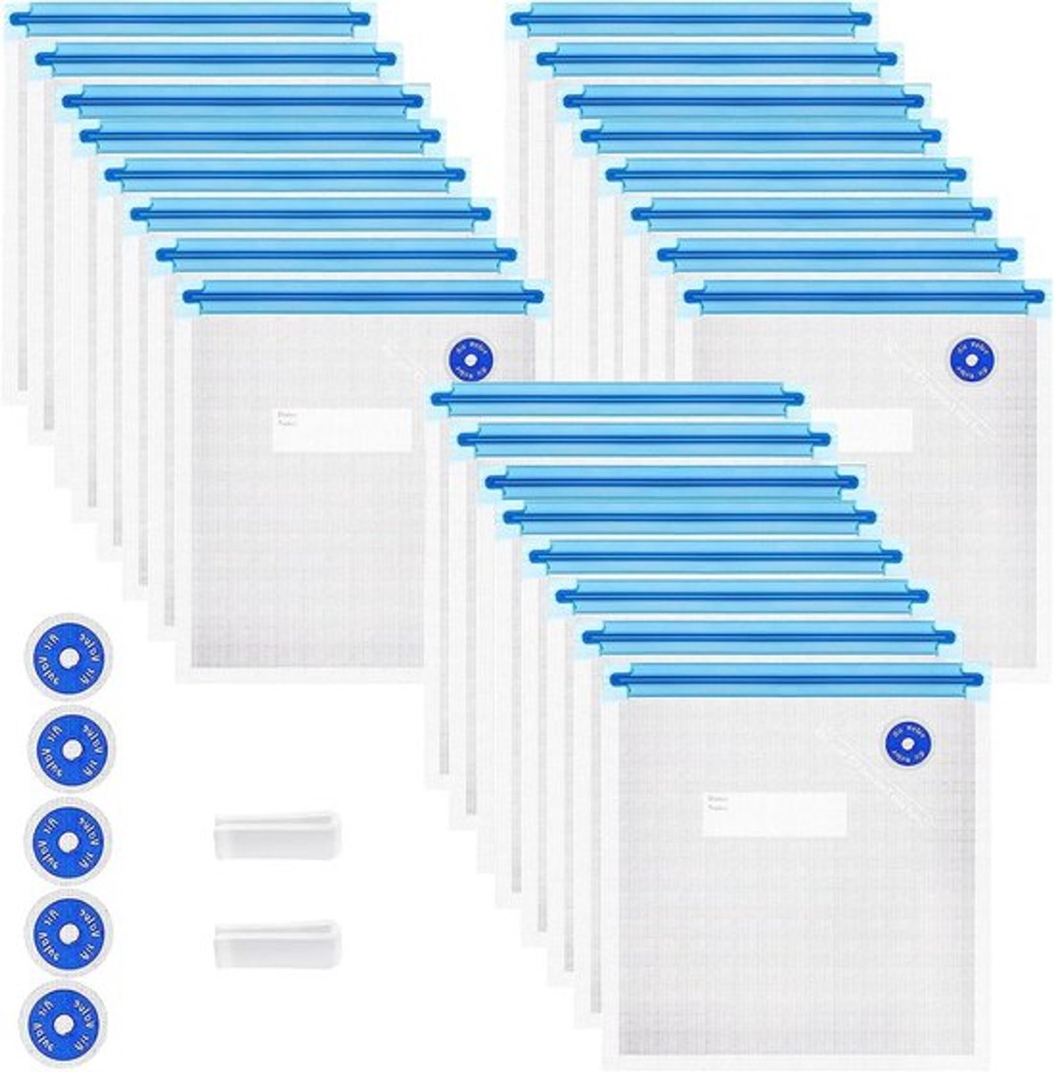Herbruikbare BPA-vrije vacuümzakken (8,5 x 8,5 inch), 31 stuks (24 stuks vacuüm zipzakjes & 2 afsluitclips & 5 luchtventielen), plastic, doorzichtig, dubbele ritssluiting, magnetronbestendig, voedselopslag, koken