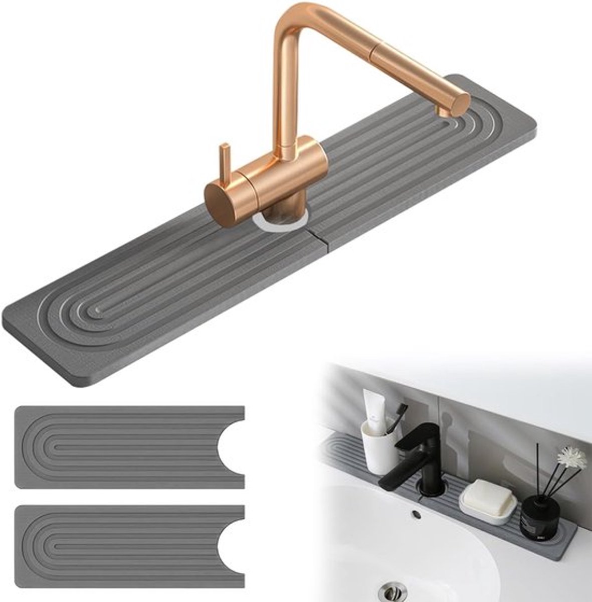 Diatomeeënaarde Kraanmat - 40 x 10 cm - Super Absorberende Spatmat voor de Kraan - Sneldrogende Wastafel Organizer - Anti-Schimmel - Donkergrijs