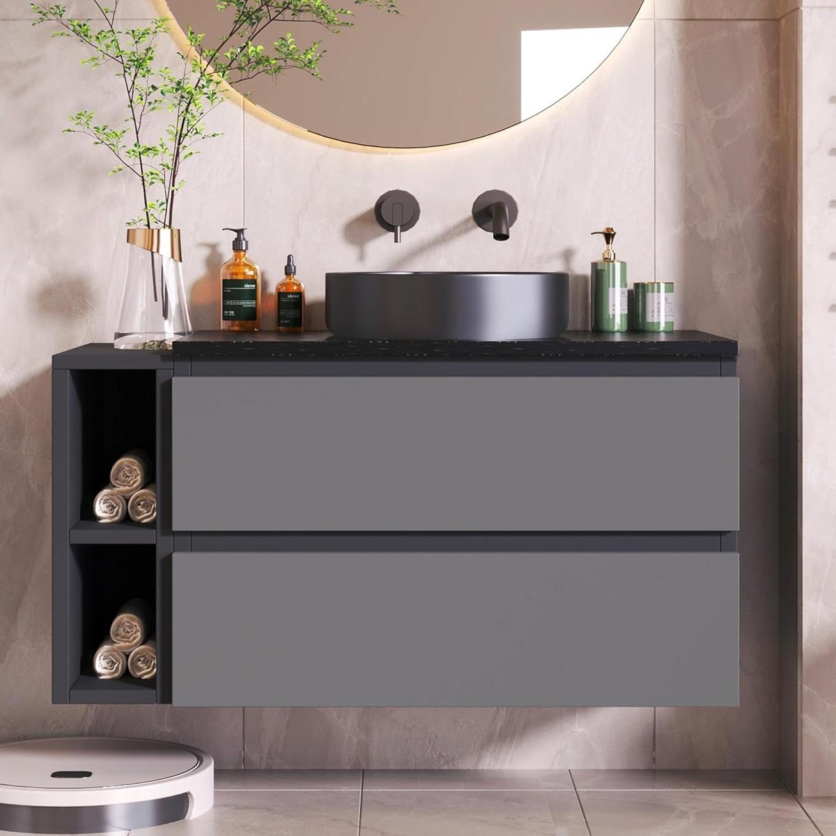 Wastafelonderkast Hangend - Badkamermeubel Onderbouw - Badkamer Organisatie - Keramische Wastafel - 80 cm Breed - Zwart-Grijs
