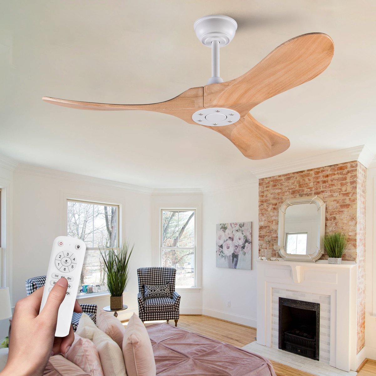 MIVRAY Plafondventilator - 42 Inch Met 3 Houten Bladen En Afstandsbediening - Metaal En Hout - Wit Natuurlijk - Stille Ventilatie Zonder Verlichting