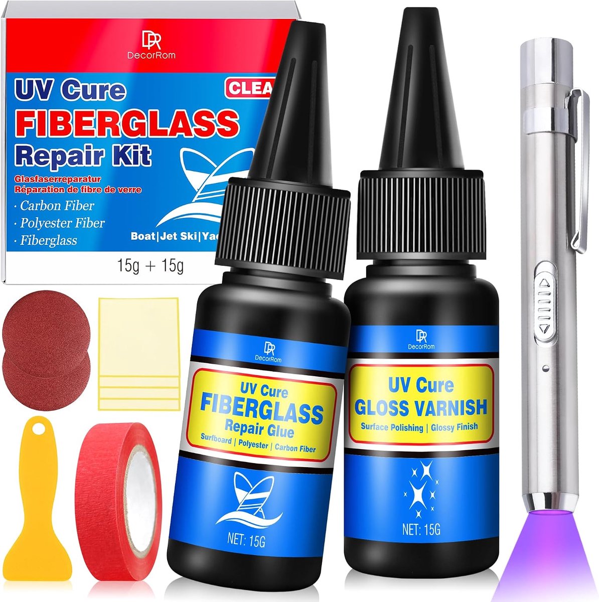 Fiberglas reparatiekit 30 g - UV-uithardende lijm en vernis - ideaal voor boten en surfplanken - ShopVlot