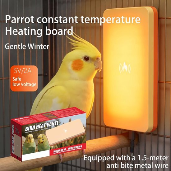 Vogelverwarmingspaneel met 5V veilige laagspanning, getoond in een kooi naast een valkparkiet.