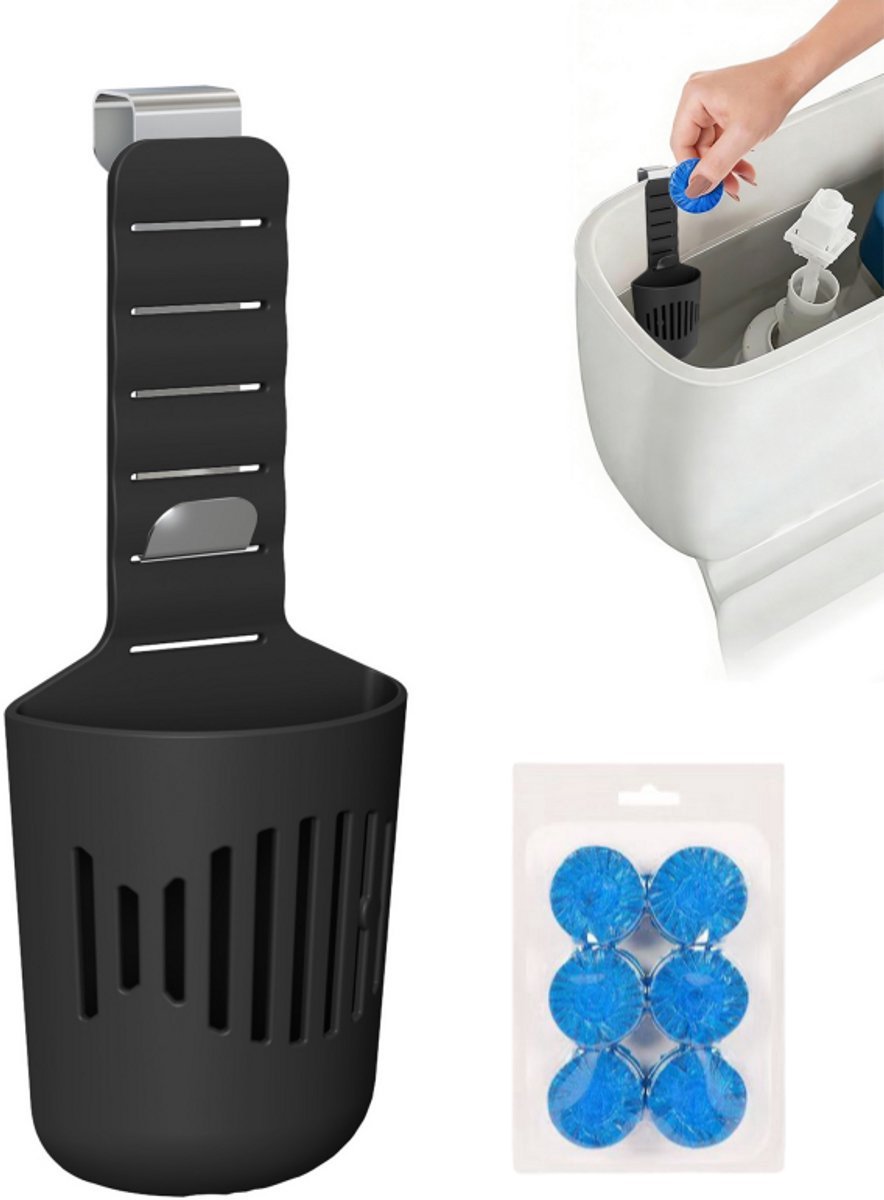 Casalora Toiletblokjes Inbouwreservoir Tablethouder en 6 WC Blokje - Siliconen Houder voor Reinigingstabletten - Hangende Doseerhouder met RVS Haken - Geschikt voor Waterniveau tot 18 cm - Zwart