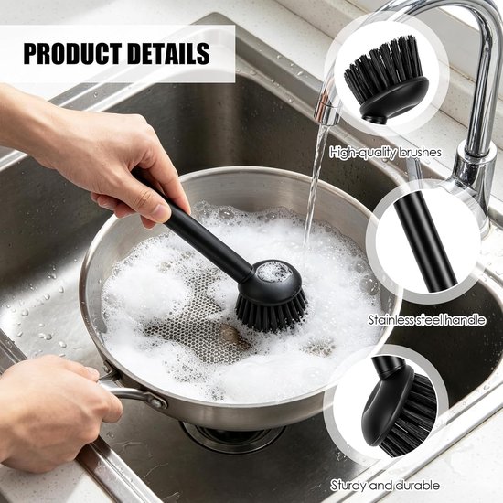 set van 3, minimalistische keukenborstel, handig en effectief, afwasborstel, reinigingsborstel, zwart, schoonmaakborstel, design, keukenborstel, keuken en badkamer, afwasborstel, rond — afbeelding 2