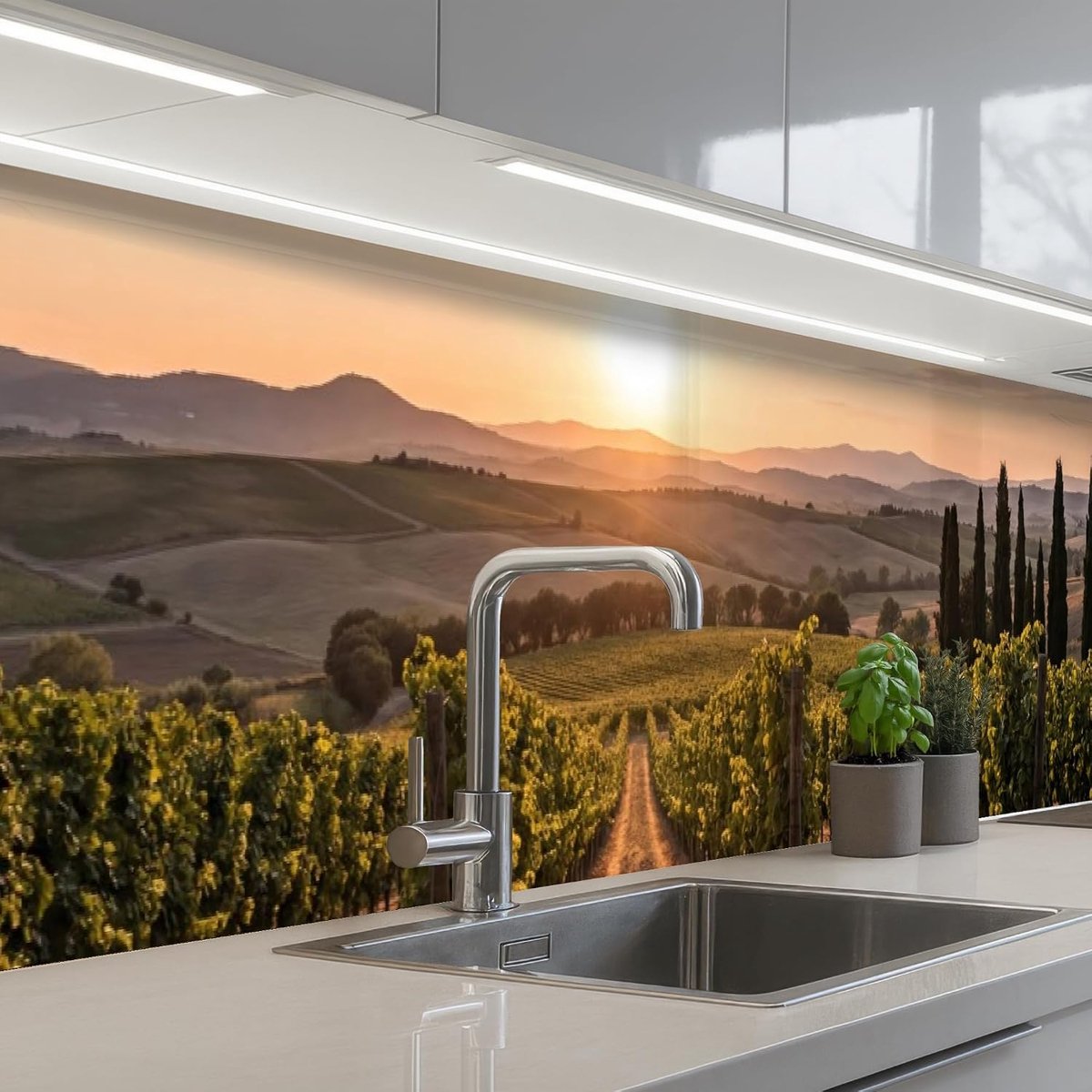 Keukenachterwand 60x300 cm zelfklevend keuken decoratie accessories home kitchen spatscherm Wijngaard - Zonsondergang - Landschap