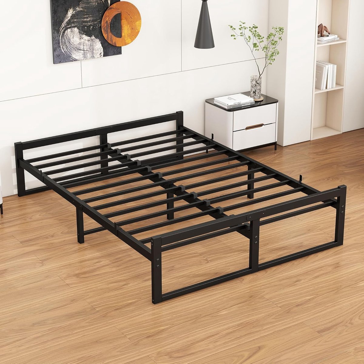 Bedframe met lattenbodem, metalen bedframe 160x200 met stalen lattensteun, metalen bed 160x200-48cm hoogte tienerbed met opbergruimte, tweepersoonsbed, geen boxspringbed, zwart bedframe