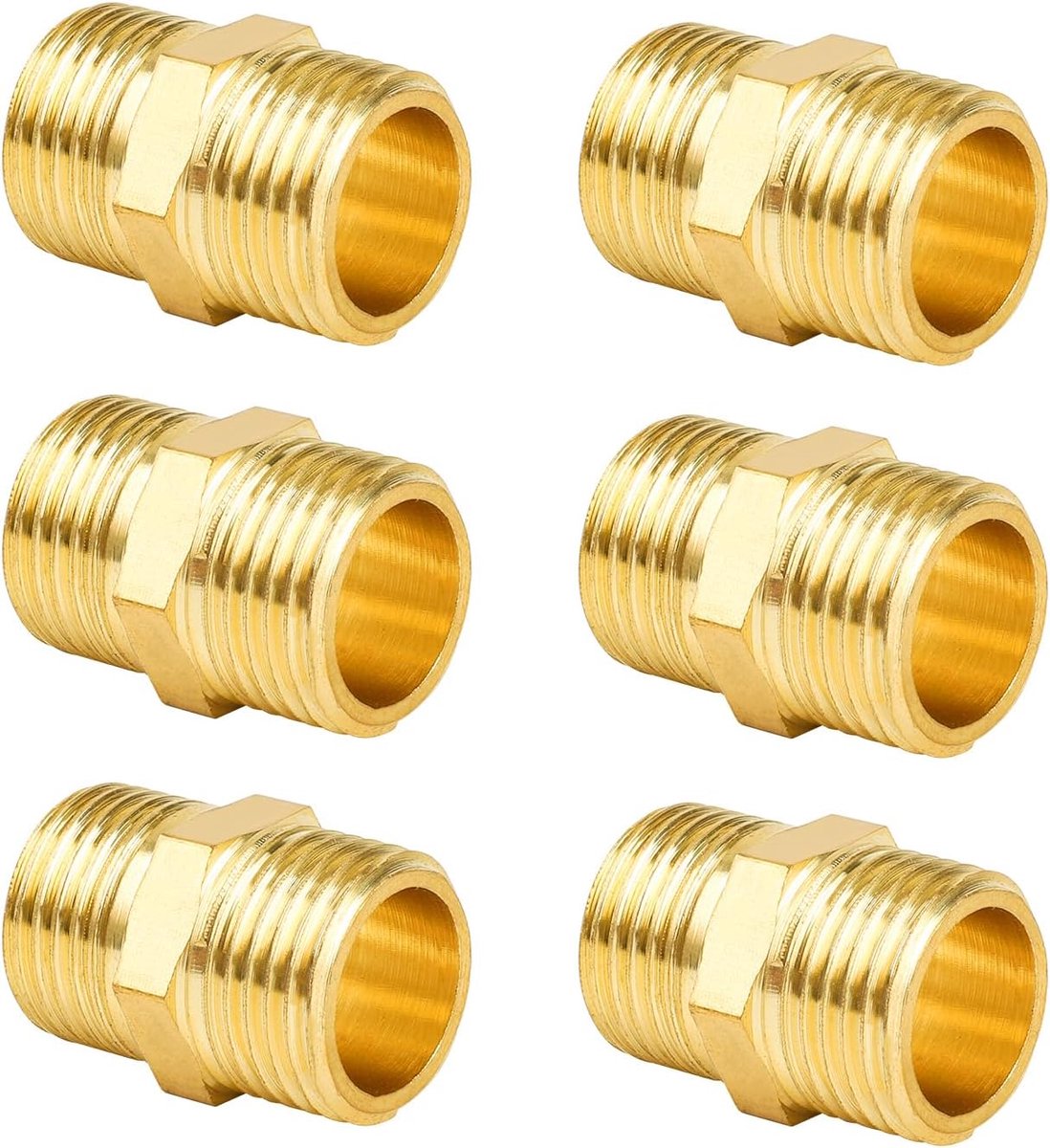 PRO Dubbele nippel G1/2 inch (Ø 20,3 mm) messing buitendraad, 6 stuks dubbele nippels zeskant verbindingsstuk, met PTFE-afdichtband, dubbele nippel messing fittingen geschikt voor drinkwater