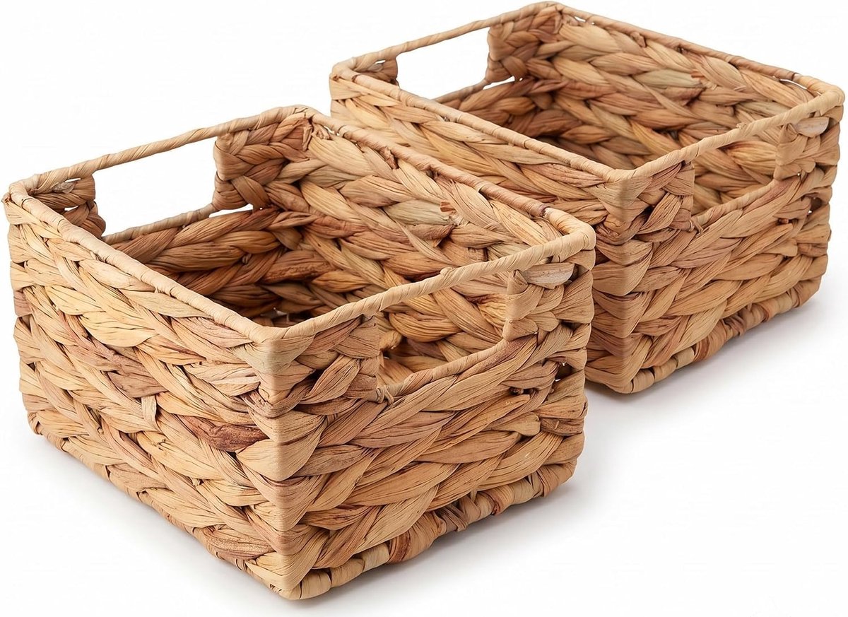Set van 2 opbergmanden van waterhyacint, rechthoekige gevlochten mand met handgrepen, kleine plankmand, handgevlochten en stabiel, natuurlijke decoratieve mand voor badkamer, keuken en plank (22 x 19