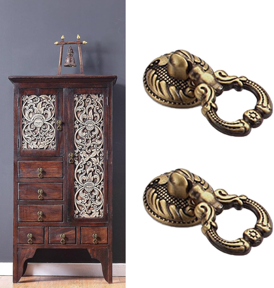2 stuks vintage messing knoppen antieke kastknoppen messing handvat retro ring handvat voor kast lade commode kledingkast meubelgreep van puur messing (2, zwart, 33 mm)