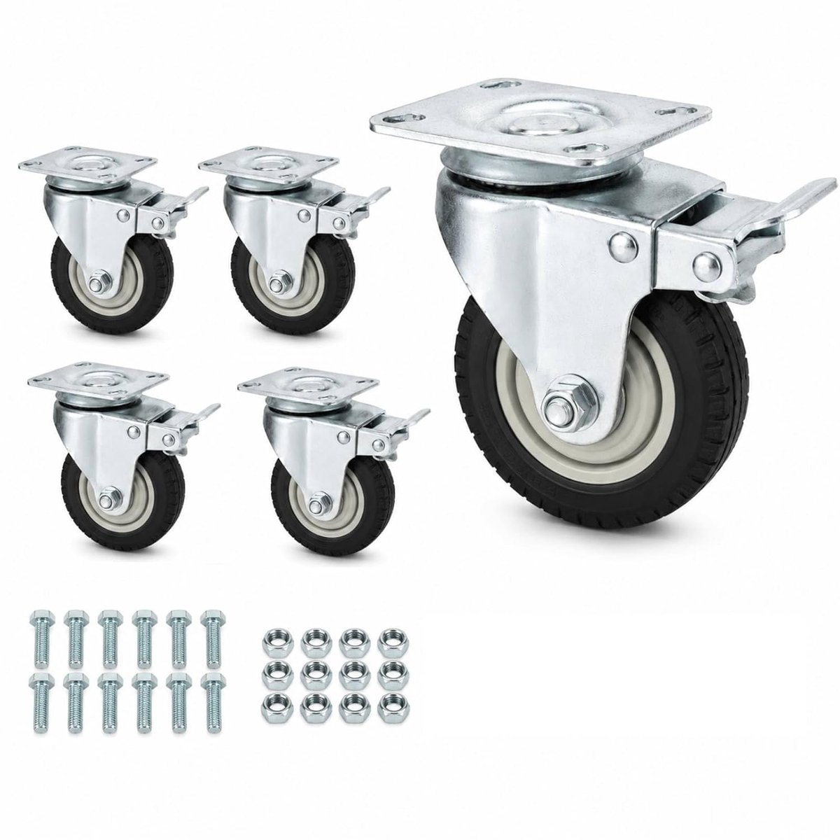 Wielen voor zware lasten 75 mm, set van 4 met 4 remmen, tot 330 kg | 4 rubberen zwenkwielen met rem voor werkbank en meubels; 330 kg aanbevolen, 75 mm wiel, plaat 95 × 65 mm