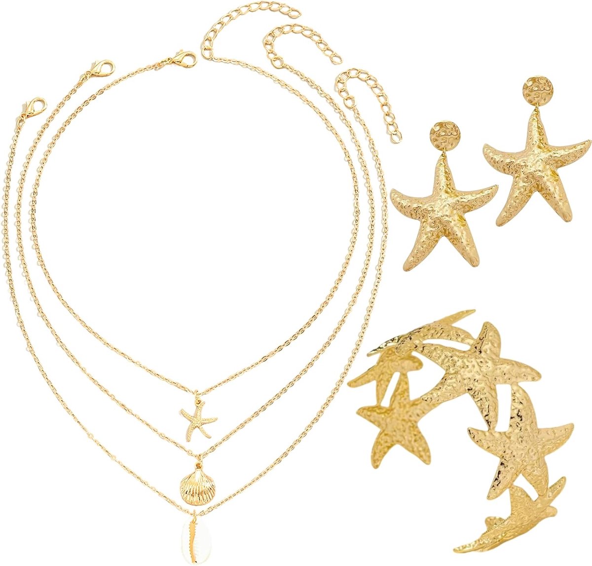 Zomersieraden, gouden boho-sieradenset voor dames, gouden armbanden, hangende oorbellen met zeesterdesign, schelpketting, zeesterketting, vintage sieraden voor vrouwen, strand