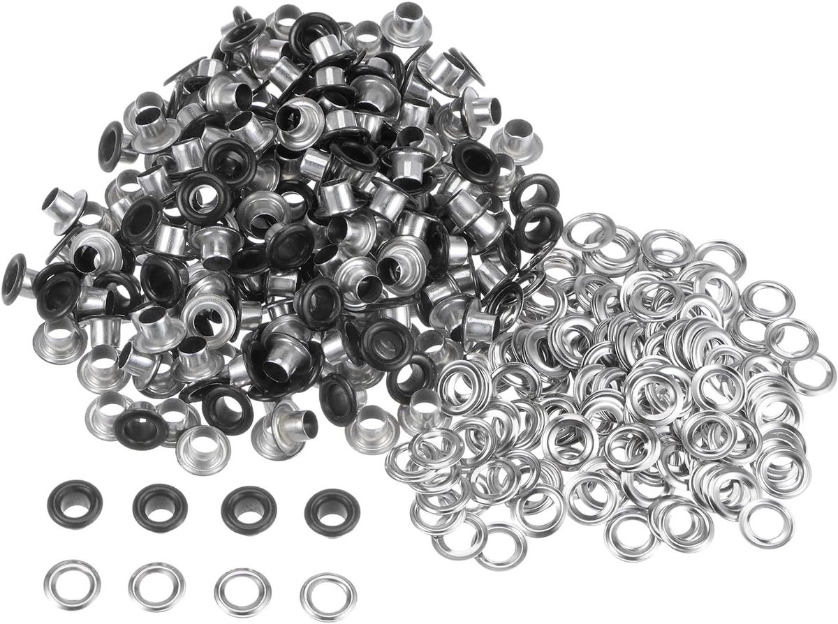 Sourcing map Set van 200 spuitmonden, metalen ogen, 4 mm, tuit gereedschap voor schoenen, kleding, riemtas, doe-het-zelfproject, mat zwart