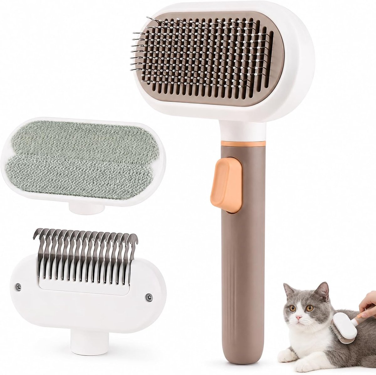 3-in-1 kattenborstel, lang haar en hondenborstel, ook als kattenborstel, kort haar, effectief, zelfreinigende haarkam met massage en ontwarren