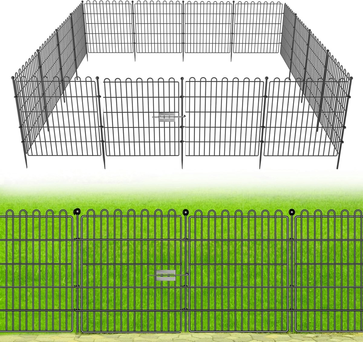tuinhek, 10 panelen, totale lengte 7,65 m, hoogte 60 cm, barrière voor dieren, van roestvrij staaldraad, zonder opgraven, voor binnenplaats, tuin en konijn