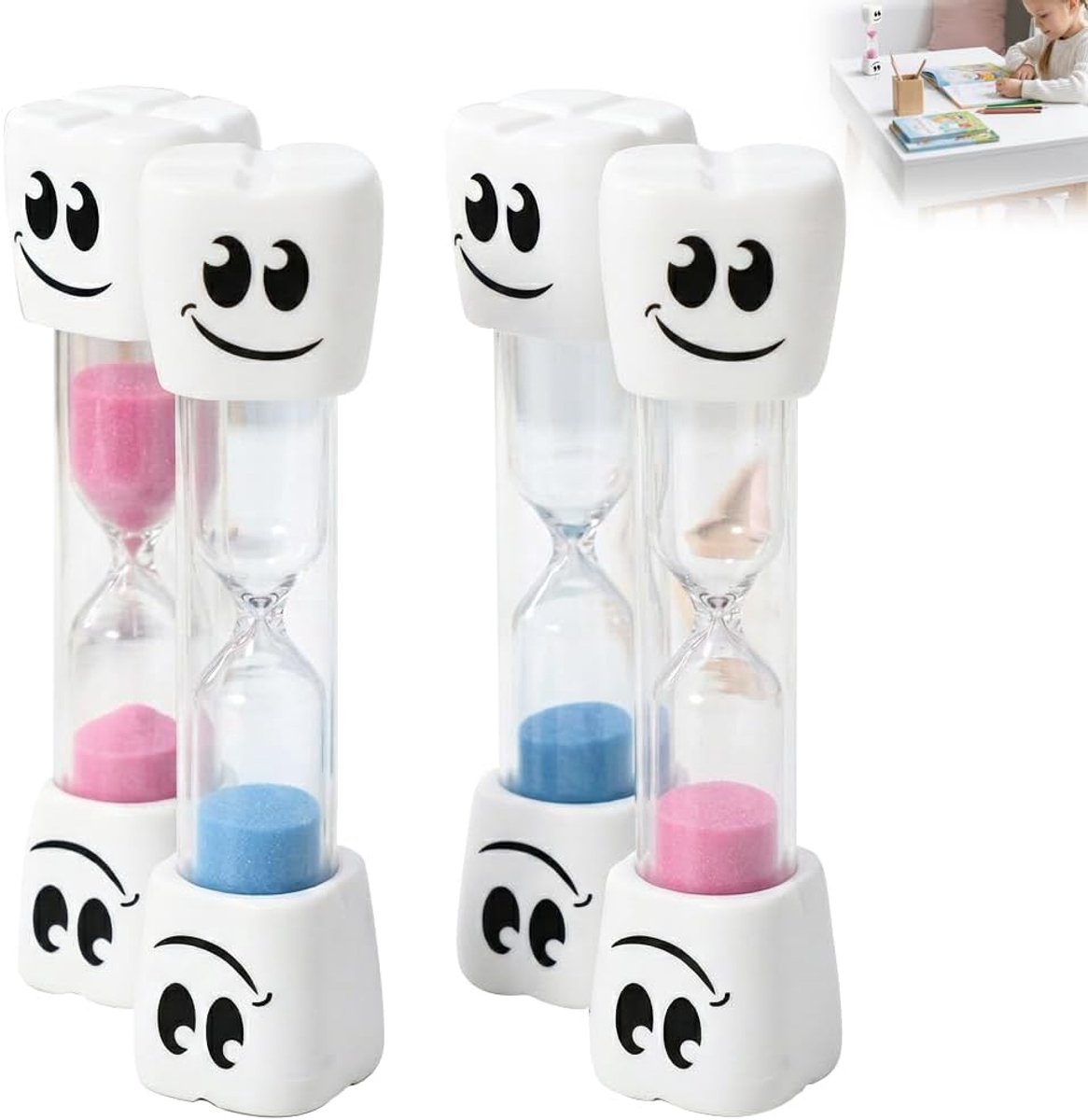 Zandloper 3 minuten set van 4 - kleurrijke smiley-timers - voor tandenpoetsen en leren - speels structuur voor kinderen - ShopVlot