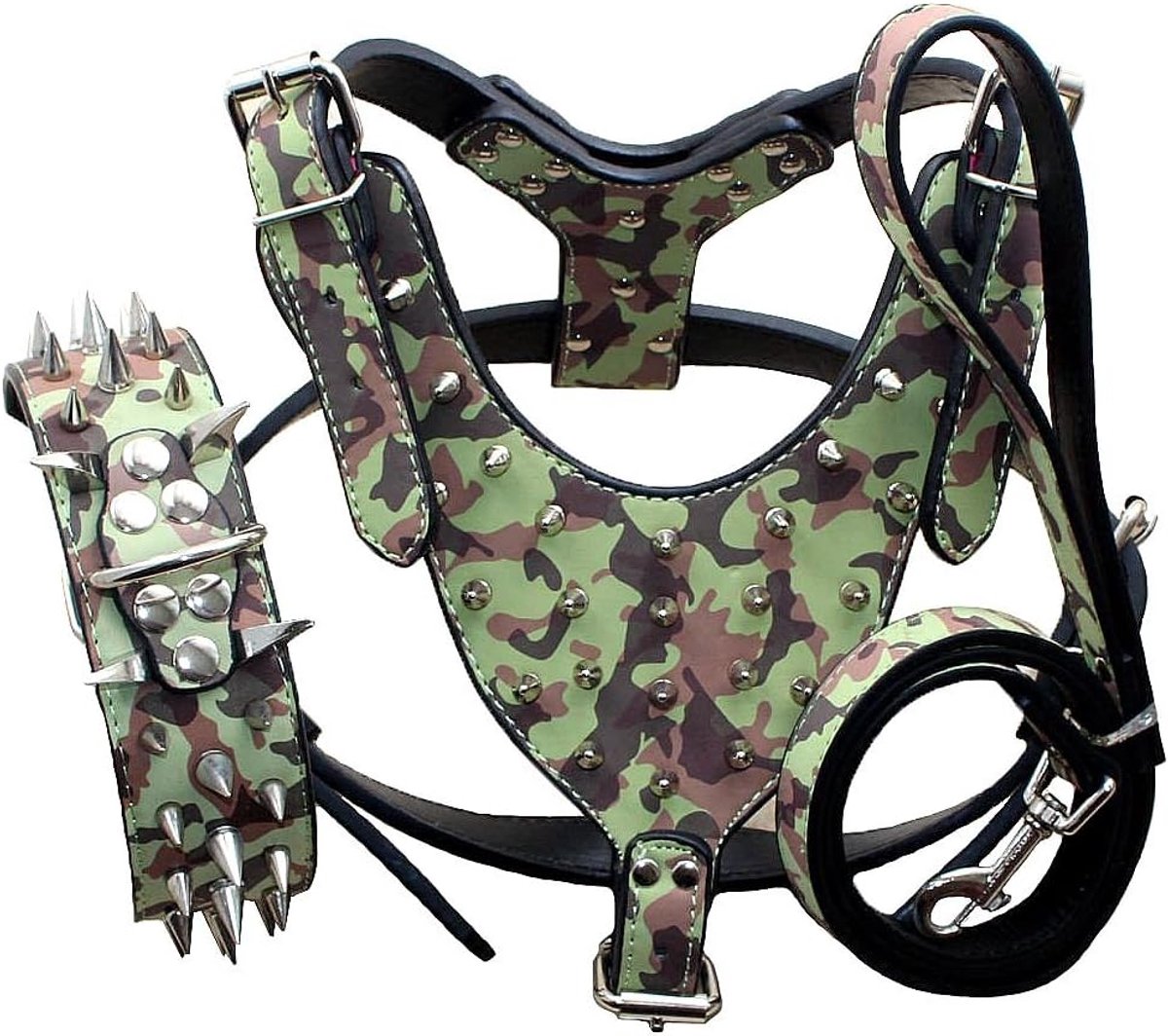 Hondenhalsband, Harnas en Leiband Set - Camouflage - PU Leer - Comfortabel wandelen voor middelgrote en grote honden - ShopVlot