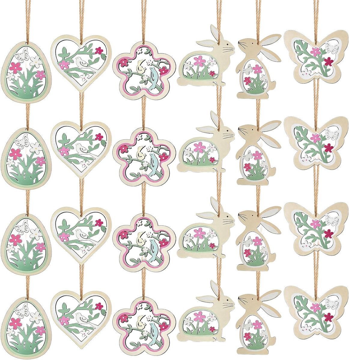 Pasen decoratie 24 stuks - houten ornamenten - veelzijdige ontwerpen - voor vrolijke feestdecoratie - ShopVlot